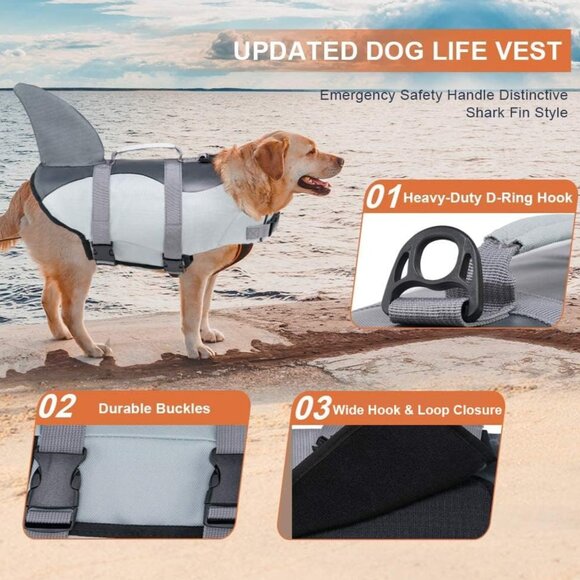 Shark Life Jackets for Dogs, Adjustable Life Vest Swimming Pool Beach Boating, L - Picture 4 of 10